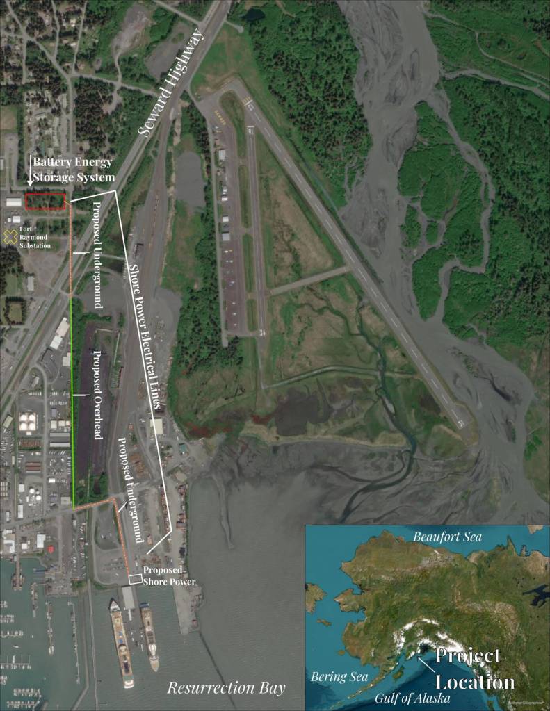 A map presented by Seward City Manager Kat Sorenson during a Kenai Peninsula Borough Assembly meeting on Dec. 2, 2025, shows the location of the Port of Seward Vessel Shore Power Implementation Project. Screenshot