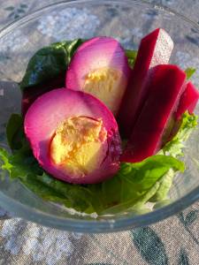 Served together on a bed of greens, these pickled eggs and beets make a light but cheerful lunch. Photo by Tressa Dale/Peninsula Clarion