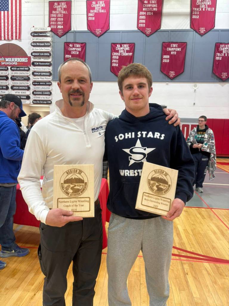 Michael Dickinson, a SoHi senior who wrestles at 152 pounds, is named the Region III Wrestler of the Year during the Northern Lights Conference in Wasilla<ins>, Alaska,</ins> on Saturday, Dec. 13<ins>, 2025</ins>. His father and Stars head coach Pete Dickinson was named Coach of the Year. Photo courtesy of Soldotna High School Athletics