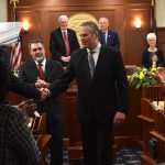 Photos by Mari Kanagy/Juneau Empire
Governor Dunleavy shakes hands with a representative as he exits from his final State of the State address on Thurday, Jan. 22.