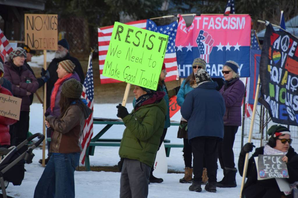 Demonstrators gather at WKFL Park in Homer, Alaska, on Saturday, Jan. 24, 2026, for the "No Kings, No ICE" protest organized by the Homer Women of Action. (Delcenia Cosman/Homer News)