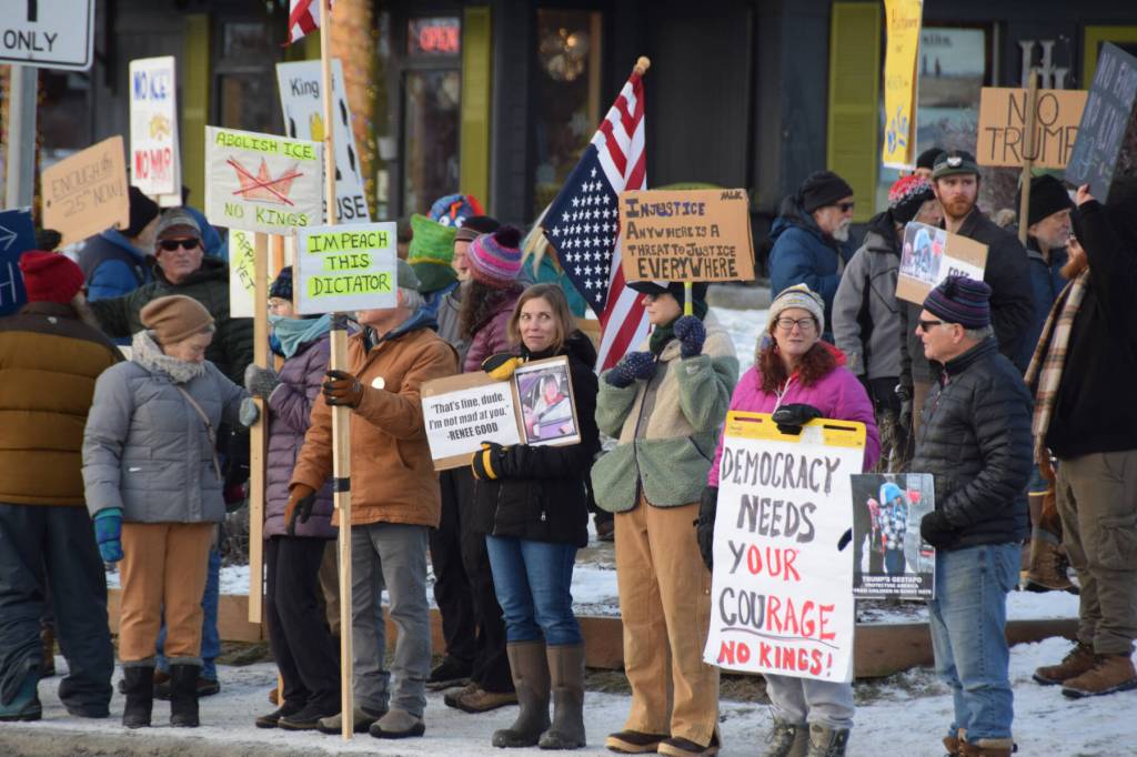 Demonstrators gather at WKFL Park in Homer, Alaska, on Saturday, Jan. 24, 2026, for the No Kings, No ICE protest organized by the Homer Women of Action. (Delcenia Cosman/Homer News)