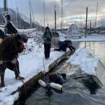 Photo courtesy of Mari Kanagy
Peninsula Clarion reporter Chloe Anderson (center) photographs staff at Melinos Marine Service as they work to re-float a sunken boat in Harris Harbor in Juneau on Jan. 8.<ins>, 2026</ins>