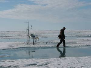 Photo courtesy Matt Druckenmiller
Hajo Eicken walks the sea ice off the town of Utqiagvik in about 2010.