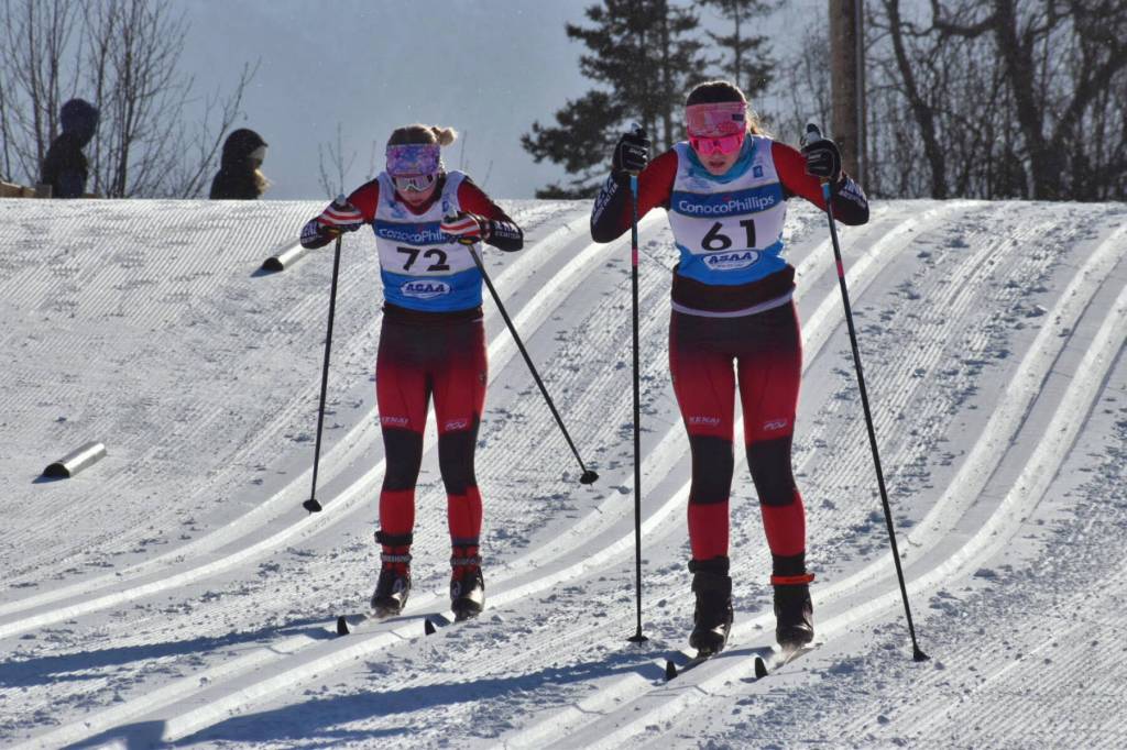 Kenai Central High Schools Kailey Crouse and Sofia Tews compete in the Division II during the ASAA Nordic Ski State Championships held Feb. 19-21<ins>, 2026,</ins> in Wasilla<ins>, Alaska</ins>. Photo provided by Chantel Taylor