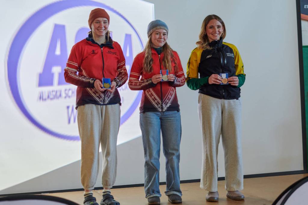 Kenai Centrals Isla Crouse and Ruby Davis and Sewards Indigo Leslie hold up their awards during the ASAA Nordic Ski State Championships held Feb. 19-21<ins>, 2026,</ins> in Wasilla<ins>, Alaska</ins>. Photo provided by Chantel Taylor