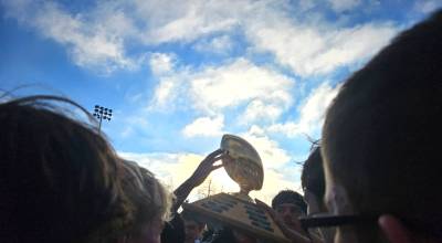 The Homer Mariners varsity football team celebrates their victory after the Division III state championships game on Saturday, Oct. 18, 2025, in Wasilla, Alaska. Photo provided by Justin Zank