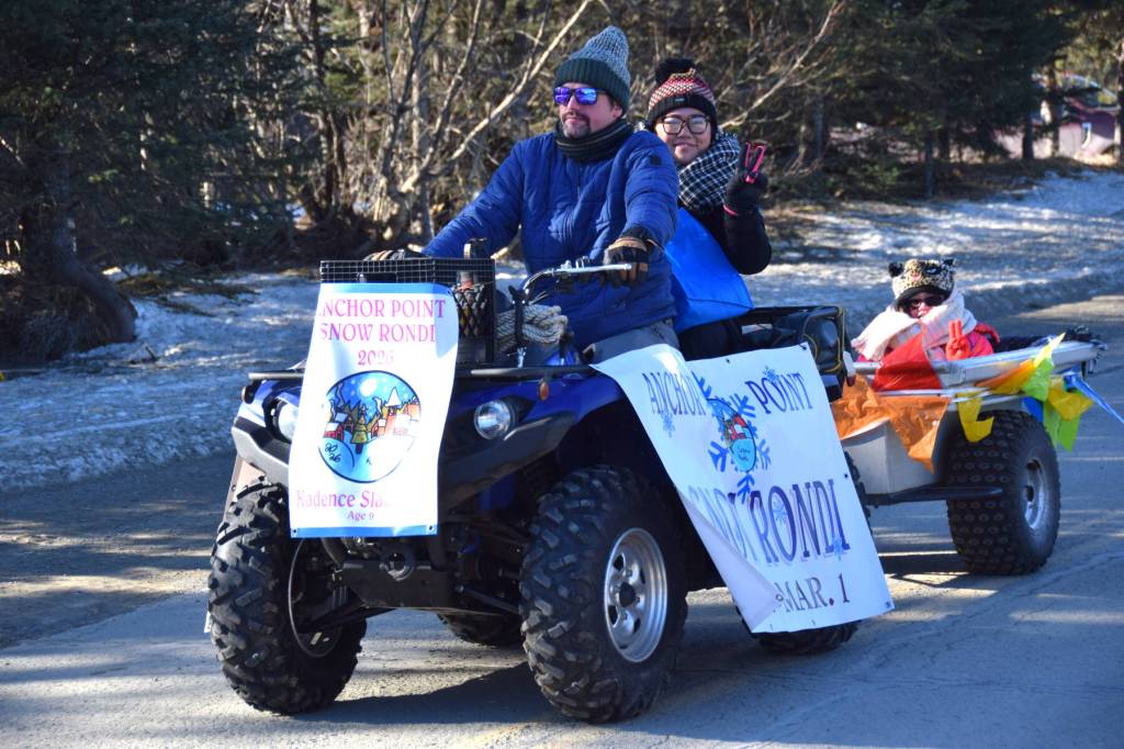 photo by Delcenia Cosman/Homer News
Anchor Point Chamber of Commerce president Dawson Slaughter drives a four-wheeler with his family in the annual Snow Rondi parade on Saturday, Feb. 28<ins>, 2026,</ins> in Anchor Point<ins>, Alaska</ins>.