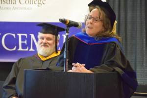 Cheryl Siemers, then director of Kenai Peninsula College, speaks to graduates during the 55th commencement ceremony at Kachemak Bay Campus on Wednesday, May 7, 2025, in Homer, Alaska. (Delcenia Cosman/Homer News)