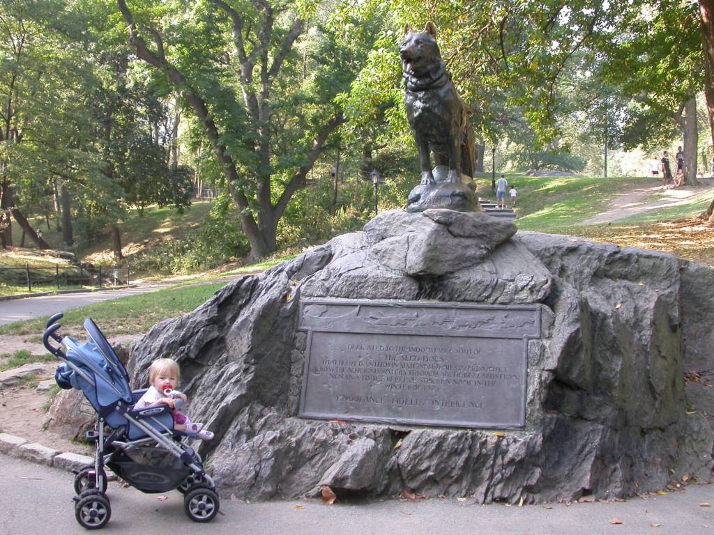 In October 2007, one-year-old Anna Rozell admired a statue of Balto in Central Park of New York City. Photo courtesy Ned Rozell