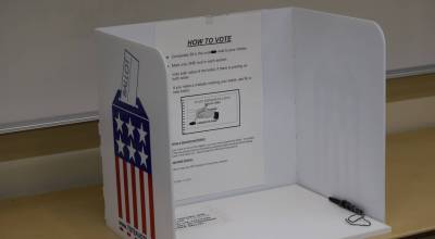 A ballot partition is at the Kenai No. 2 precinct for Election Day on Tuesday, Oct. 5, 2021. (Camille Botello/Peninsula Clarion)