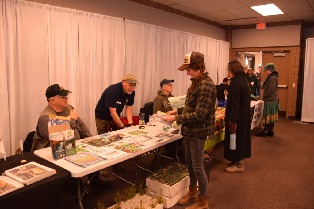 Community members and agriculturists browse tables at the first annual Growers Conference at the Soldotna Regional Sports Complex on March 21<ins>, 2026, in Soldotna, Alaska</ins>. (Delcenia Cosman/Homer News)