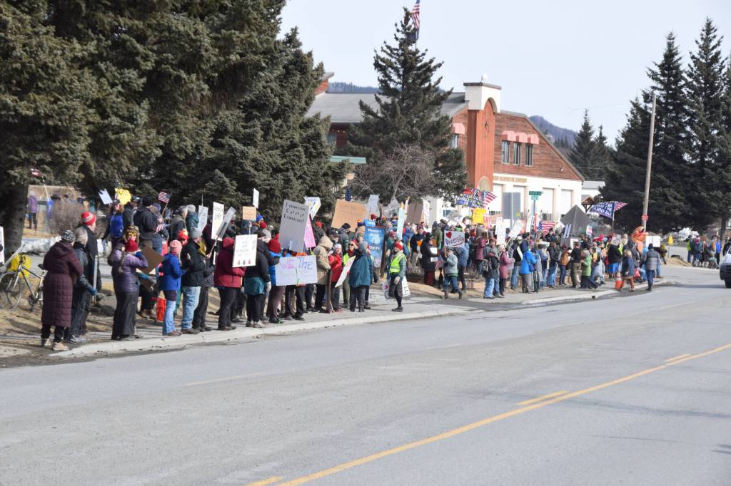 Nearly 700 community members gather at WKFL Park for the No Kings protest on Saturday, March 28, 2026, in Homer, Alaska. (Delcenia Cosman/Homer News)