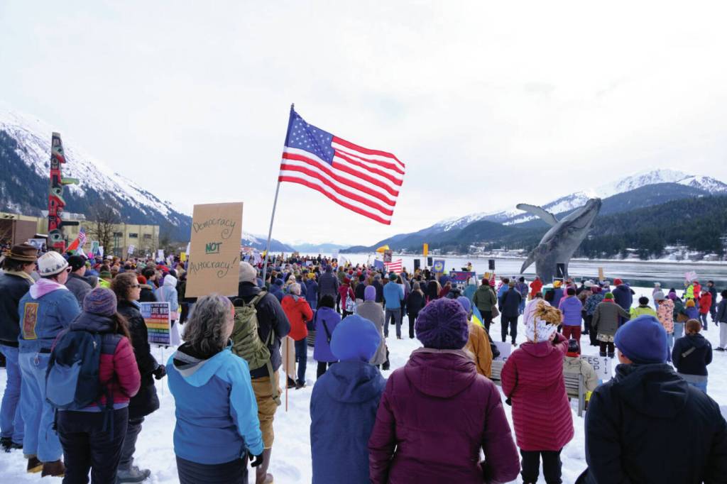 Demonstrators rally at the third No Kings protest in Juneau on March 28<ins>, 2026</ins>. (Photo by Corinne Smith/Alaska Beacon)