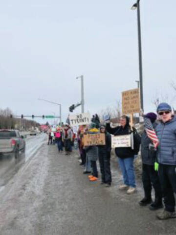 Demonstrators rally at the third No Kings protest in Soldotna on March 28<ins>, 2026</ins>. (Photo courtesy of Michele Vasquez)