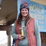 Christine Marlowe from Anchor Point holds up her seventh place trophy during the 32nd annual Homer Winter King Tournament on Saturday, April 4, 2026, in Homer, Alaska. (Delcenia Cosman/Homer News)