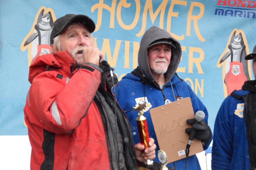 Second-place winner Tim Dillon gives a shoutout to his hometown of Seldovia during the 32nd annual Homer Winter King Tournament on Saturday, April 4, 2026, in Homer, Alaska. (Delcenia Cosman/Homer News)