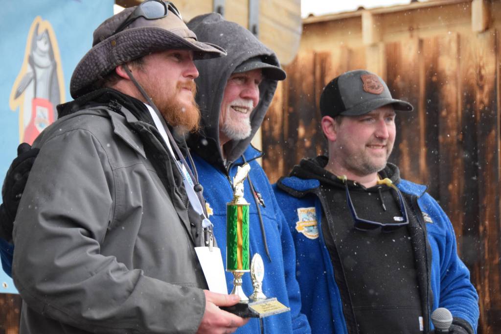 Sean Lowe (left) wins third place during the 32nd annual Homer Winter King Tournament on Saturday, April 4, 2026, in Homer, Alaska. (Delcenia Cosman/Homer News)