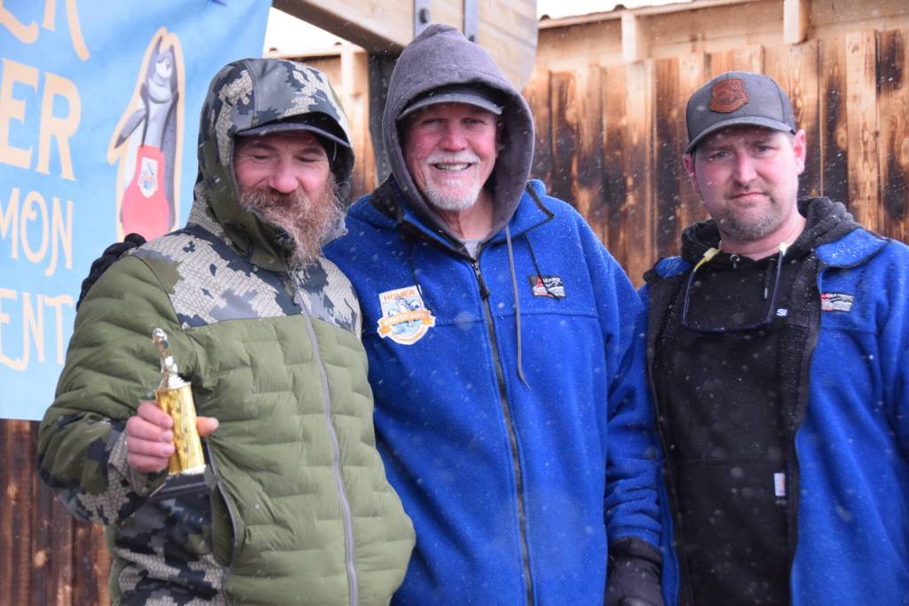 Joe Sr. Martishev (left) wins sixth place during the 32nd annual Homer Winter King Tournament on Saturday, April 4, 2026, in Homer, Alaska. (Delcenia Cosman/Homer News)