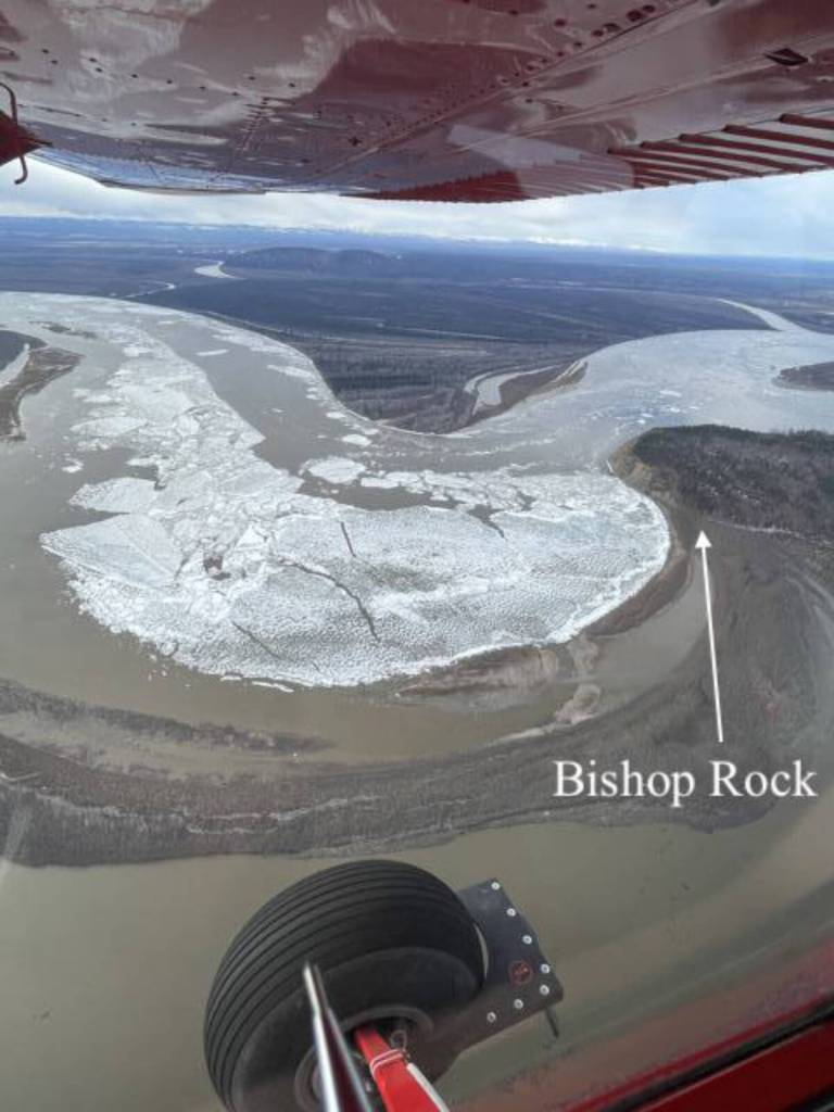 Bishop Rock juts into the Yukon River in this photo taken by a National Weather Service observer on May 12, 2024. (Photo courtesy National Weather Service)