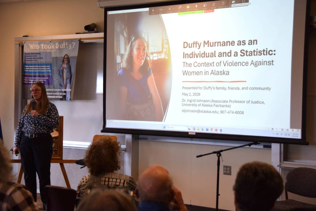 Ingrid Johnson, associate professor in the University of Alaska Fairbanks Department of Justice & Womens Gender and Sexuality Studies, gives a presentation on violence against women in Alaska during the "Duffys Journey to Justice" community conversation at Kachemak Bay Campus on Saturday, May 2, 2026, in Homer, Alaska. (Delcenia Cosman/Homer News)