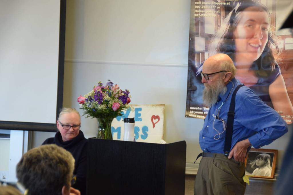 Ed Berg, Anesha Duffy Murnanes stepfather (right), and family friend Christina Whiting (left) reflect on Murnanes life during the "Duffys Journey to Justice" community conversation on Saturday, May 2, 2026, at Kachemak Bay Campus in Homer, Alaska. (Delcenia Cosman/Homer News)