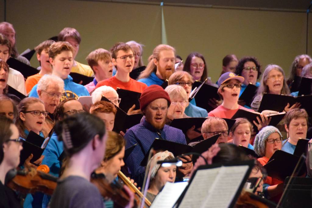 Members of the Homer High School Concert Choir and Kenai Peninsula Community Choir rehearse the Mozart "Requiem" on Thursday, April 30, 2026, on the Homer High School Mariner Theatre stage in Homer, Alaska. (Delcenia Cosman/Homer News)