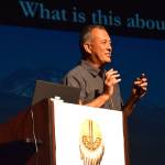 Delcenia Cosman / Homer News
Kachemak Bay Shorebird Festival keynote speaker Alvaro Jaramillo gives his keynote presentation to a packed theater crowd on Saturday, May 9, <ins>, 2026,</ins> in the Homer High School Mariner Theatre<ins> in Homer, Alaska</ins>.
