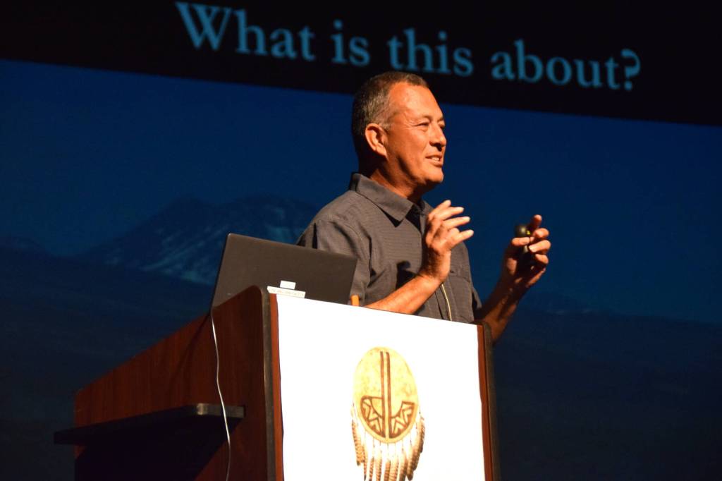 Delcenia Cosman / Homer News
Kachemak Bay Shorebird Festival keynote speaker Alvaro Jaramillo gives his keynote presentation to a packed theater crowd on Saturday, May 9, <ins>, 2026,</ins> in the Homer High School Mariner Theatre<ins> in Homer, Alaska</ins>.