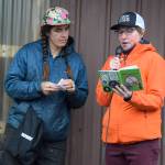 Libby (right) from Homer imitates a ptarmigan call for emcee Mallory Primm (left) and judges at the ninth annual Shorebird Festival bird calling contest on Saturday, May 9<ins>, 2026,</ins> at the Homer Brewing Company<ins> in Homer, Alaska</ins>. (Delcenia Cosman/Homer News)