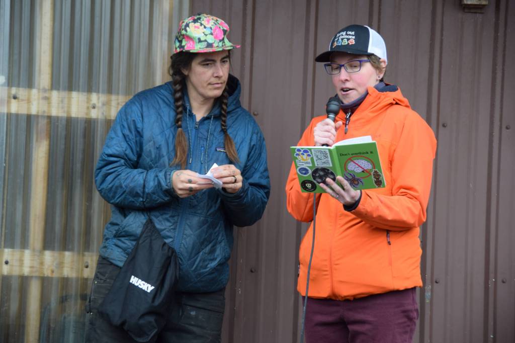 Libby (right) from Homer imitates a ptarmigan call for emcee Mallory Primm (left) and judges at the ninth annual Shorebird Festival bird calling contest on Saturday, May 9<ins>, 2026,</ins> at the Homer Brewing Company<ins> in Homer, Alaska</ins>. (Delcenia Cosman/Homer News)