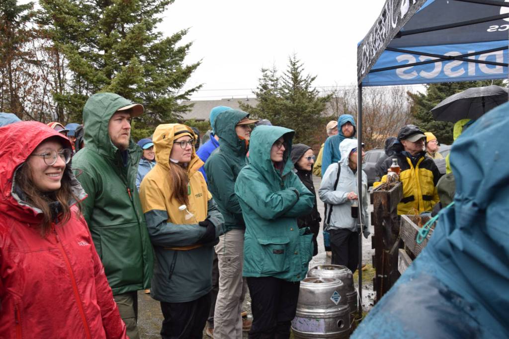 Birders and community members gather under overcast skies at the Homer Brewing Company for the annual Shorebird Festival bird calling contest on Saturday, May 9<ins>, 2026, in Homer, Alaska</ins>. (Delcenia Cosman/Homer News)