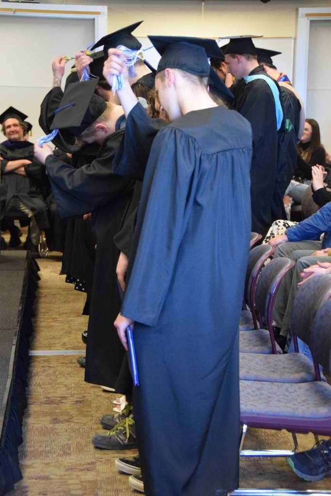 Delcenia Cosman / Homer News
The graduating class of 2026 move their tassels from the right to the left upon the conferral of degrees during a commencement ceremony held Wednesday, May 6, at Kachemak Bay Campus.