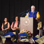 Activity bus driver Joseph Brewer gives his commencement address to the graduating Homer High School student body in a commencement ceremony on Monday, May 18<ins>, 2026,</ins> in the Homer High School Alice Witte Gymnasium<ins> in Homer, Alaska</ins>. (Delcenia Cosman/Homer News)