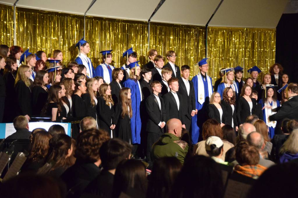 Delcenia Cosman/Homer News
The Homer High School Concert Choir performs Onia Sol by Z. Randall Stroope as the choral selection for the commencement ceremony on Monday, May 18, <ins>, 2026,</ins> in the Homer High School Alice Witte Gymnasium<ins> in Homer, Alaska</ins>.