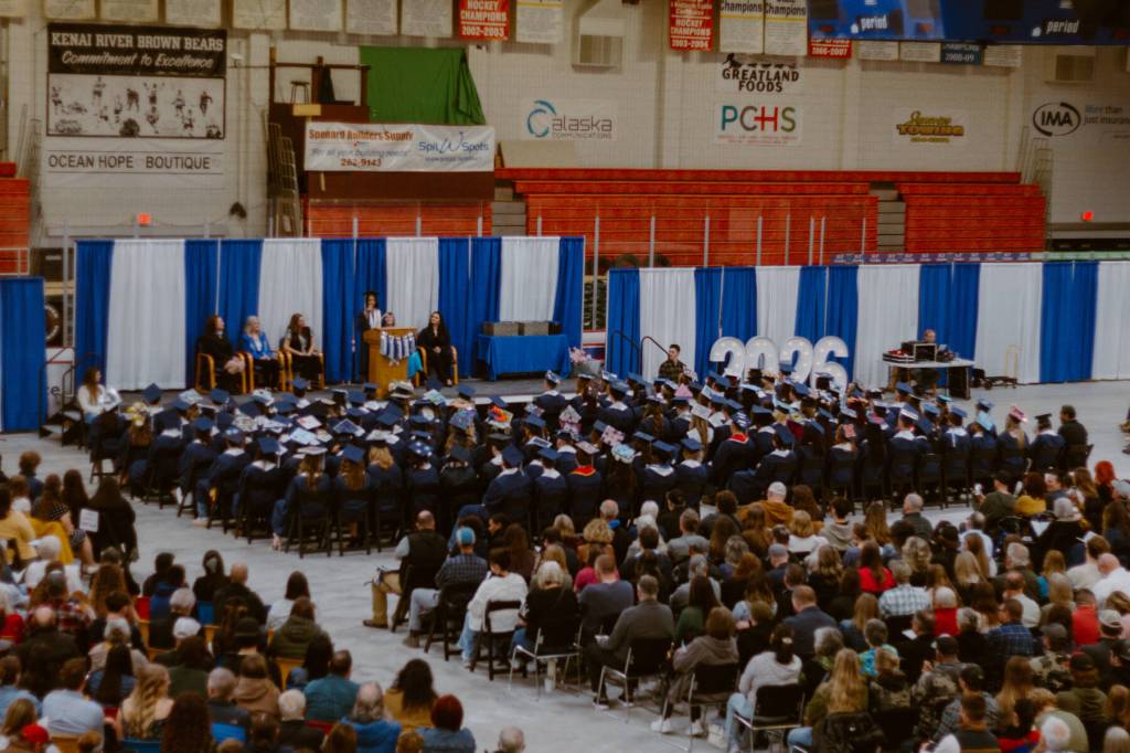The Soldotna High School graduating class of 2026 and their friends and family gather at the Soldotna Regional Sports Center during a commencement ceremony on Monday, May 18<ins>, 2026, in Soldotna, Alaska</ins>. Photo courtesy Destiny Booth