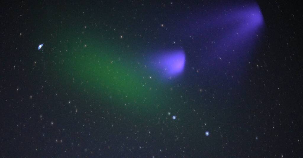 Ionization by the sun turns the green barium cloud of Peter Delameres KiNET-X experiment to purple over the Atlantic Ocean on May 16, 2021. (Photo courtesy Don Hampton)