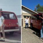 A recreated photo featuring the original red Chevrolet van and the 2007 red GMC Savana which Gregory Theim, Ty Pierce, and Gary Gleaves will use for thei recreated journey. (Gregory Theim)