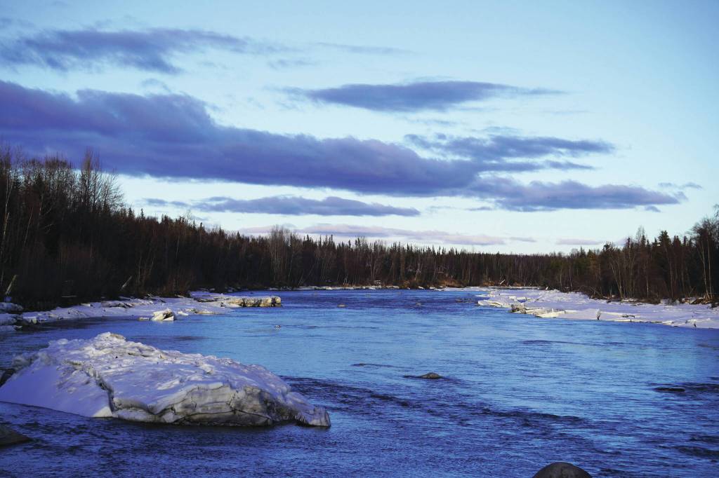 (Jake Dye/Peninsula Clarion) 
The Kenai River flows near Soldotna Creek Park in Soldotna, Alaska, on April 10, 2024.