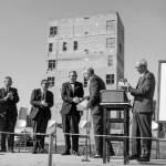 University President William Wood shakes C.T. Elveys hand at ceremonies to dedicate the Elvey Building in May 1969. (Photo from Geophysical Institute archives)